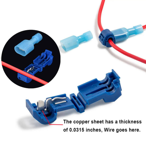 T Tap Wire Connectors Kit For Car Audio And Speaker Wiring, Quick Splice Self Stripping Terminals, blue connectors with red wire