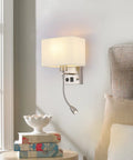 Two Pack Plug In Wall Sconce Set With Dimmable Switches And USB Ports Brushed Nickel Bedside Reading Lamps For Bedroom Cozy Go To Nightstand LED Accent Lighting showing brushed nickel finish and linen shade on bedroom wall.