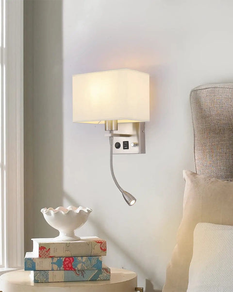 Two Pack Plug In Wall Sconce Set With Dimmable Switches And USB Ports Brushed Nickel Bedside Reading Lamps For Bedroom Cozy Go To Nightstand LED Accent Lighting showing brushed nickel finish and linen shade on bedroom wall.