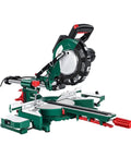 Slick Kickass 8 Inch Electric Miter Saw With Smooth Sliding Table For Lightning Fast Mini Wood Cutting And Easy Household Carpentry Jobs Built Tough And Ready To Roll Hard, angled view showing features.