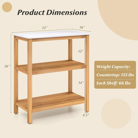 Outdoor Wooden Sideboard With Marble Look Countertop And Three Tier Acacia Buffet Organizer For Patio Yard, shown with dimensions and weight capacity details.