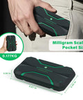 Ultra Precise Milligram Scale 0.001g With 50g Capacity fits in pocket, shown in hand and detailed with dimensions.