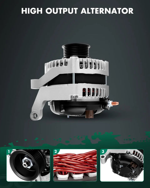 Close-up of Beefed Up 160 Amp High Output Alternator Replacement for Dodge Dakota, Jeep Grand Cherokee, Liberty, Mitsubishi Raider.