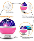 Star Projector Night Light For Kids Pink Bedroom Decor Rotating Starry Sky Moon Projection Night Light Gift For Girls Ages 1 To 14 Cozy Soothing Sleep Aid And Chill Nighttime Comfort, showing power options including USB and batteries