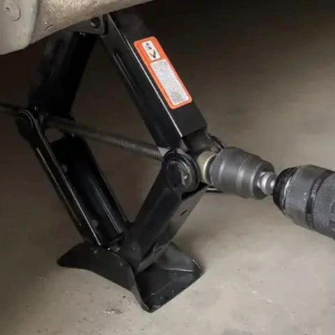 Heavy Duty Scissor Type Car Jack And Socket Converter For Quick Tire Swap, Sleeve Adapter connected to a drill for tire change