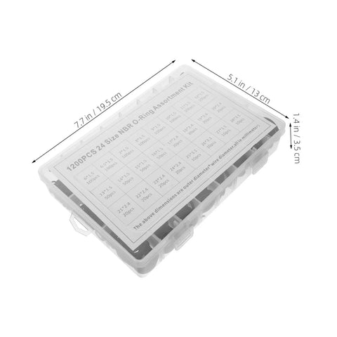 Top view of 1200 Pcs NBR O Ring Assortment Kit Rubber Seal Rings For Plumbing And Auto Repair Leak Stop Gaskets in a clear box