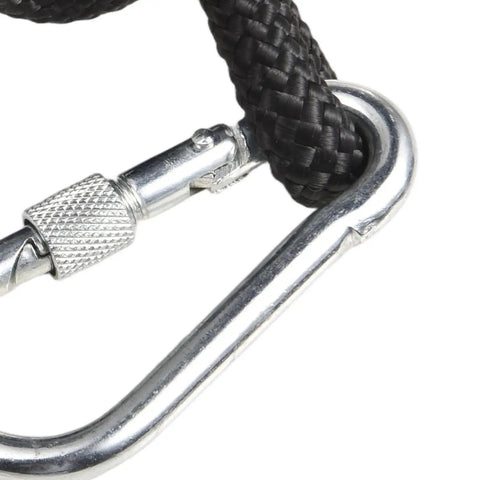 Close-up of rust resistant nylon steel tie rope and carabiner for Straight Up Heavy Duty Horse Gate Latch For Secure Barn Fence Fastening.