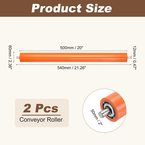 Size dimensions of 2 Pack 2 Inch Diameter 20 Inch Long Rubber Coated Conveyor Rollers Galvanized Steel Heavy Duty Transfer Cylinders