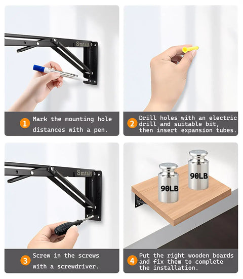 How to install Tough As Nails 18 Inch Folding Shelf Brackets Two Pack with tools and wooden boards for secure mounting.