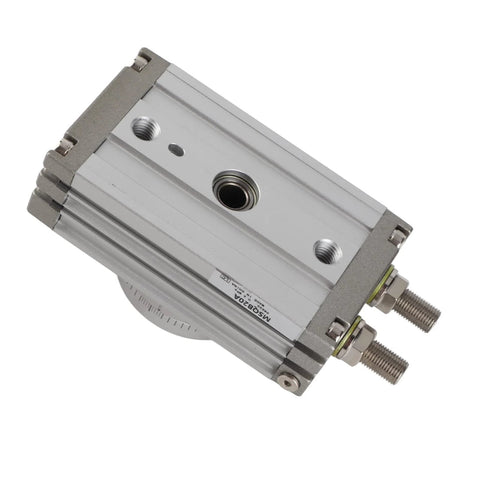 Angled side view: pneumatic rotary actuator, double-acting rack-and-pinion, 20mm bore, aluminum body, Amazon brand.