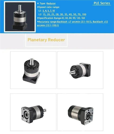 Kickass Heavy Duty Planetary Gearbox With Seamless Round Flange Design And Drop In Install For 110 To 180 Mm Servo Motors shown in various views.