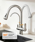 Two Handle Kitchen Faucet With Pull Down Sprayer And 24 Inch Hose Brushed Nickel 3 In 1 Water Filter Purifier in modern kitchen