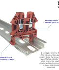 Red DIN Rail Terminal Block Screw Type UL 600V 30A 10 to 22 AWG High Reliability Compact Design installed on rail.
