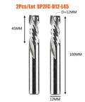 Top Shelf Two Flute Compression Router Bits Rock Solid Carbide Milling Cutter Smooth Up And Down Cut Action Beast Mode CNC Woodworking Edge Trimmer Smooth Finish 2 Pack measuring 12mm diameter and 45mm shank.