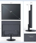 17 Inch Security Camera Monitor For CCTV And NVR Systems With 1280 By 1024 Resolution 5 4 Aspect 75Hz Refresh USB HDMI VGA BNC Inputs Built In Speaker And Remote, shown from front, side, and back with measurements