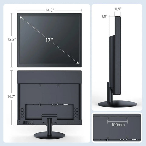 17 Inch Security Camera Monitor For CCTV And NVR Systems With 1280 By 1024 Resolution 5 4 Aspect 75Hz Refresh USB HDMI VGA BNC Inputs Built In Speaker And Remote, shown from front, side, and back with measurements