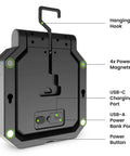 Back view of Ultra Bright 2000 Lumen Portable LED Work Light with hanging hook, magnets, USB ports, and power button.