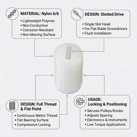 Top Shelf M4 X 12mm Nylon Slotted Set Screws, White Plastic Grub Fasteners With Zero Shorts Guarantee, Non Conductive Insulated Hardware For Electronics And Machinery Diy Projects, Solid 250 Piece Kit Ready For Any Job, detailed view of nylon screw with slotted head.