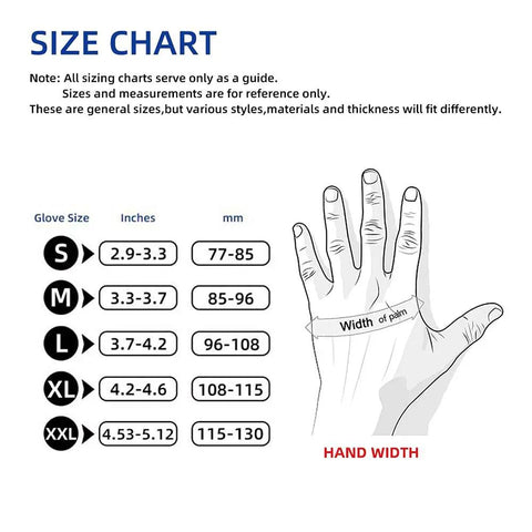 Size chart for Heavy Duty Black Nitrile Disposable Gloves Medium 8 Mil Thick 100 Pack showing glove sizes and hand width measurements.