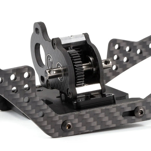 Ultra Light Portal Transmission Carbon Gearbox With Adapter Plate for 1x10 Scale Rigs showing carbon fiber structure