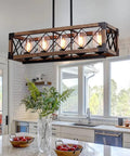 Rectangle Wood And Metal Pendant Light For Kitchen Island Chandelier With Black Finish in modern kitchen.