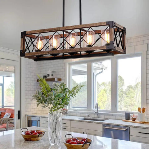 Rectangle Wood And Metal Pendant Light For Kitchen Island Chandelier With Black Finish in modern kitchen.