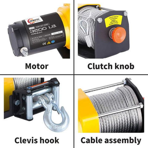 3500Lb ATV UTV Electric Winch With Roller Fairlead And Mount Plate Low Amp 12V DC Motor Freespooling Clutch 1 Stage Planetary Gear Heavy Duty Recovery Winch For Jeeps Trucks Boats And Multi Purpose Trailers motor, clutch knob, clevis hook, cable assembly