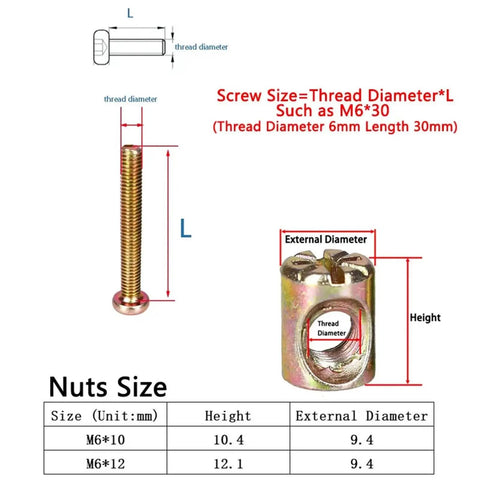 M6 Hex Furniture Screw Nut Set Kit With 30Mm 40Mm 50Mm 60Mm 70Mm 80Mm Threaded Bolts And Phillips Nuts For Wood Beds Chairs Desks Tables Easy Fit 100 Piece Assortment, M6*30 and M6 nuts size chart