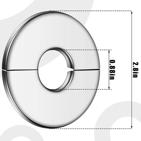Pack Of Twelve Split Flange Escutcheon Plates With Sharp Chrome Finish showing 2.8in diameter and 0.88in bore for plumbing fittings.