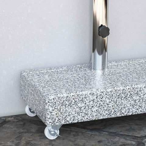 Built Tough Heavy Duty Patio Umbrella Base With Wheels And Adapters Granite Parasol Base close-up showing granite texture and wheels