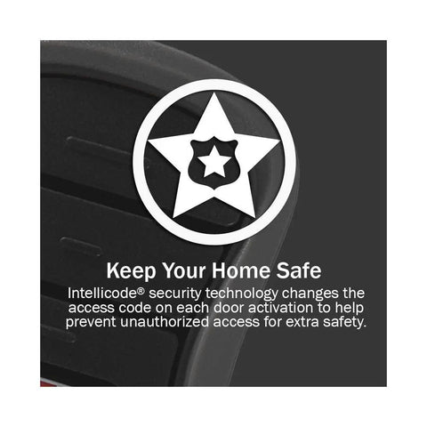 Close-up of universal garage door opener conversion kit with Intellicode security logo and safety message in black.