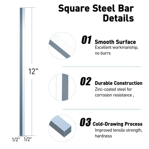 Half Inch Square Steel Bar Stock Cold Drawn Zinc Coated Keyway Flat Metal Bar 12 Inch Long Three Piece Set details