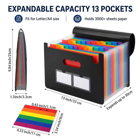 13 Pocket Accordion File Organizer With Cover Labels Portable Expanding File Folder Black Desktop Document Holder, dimensions shown