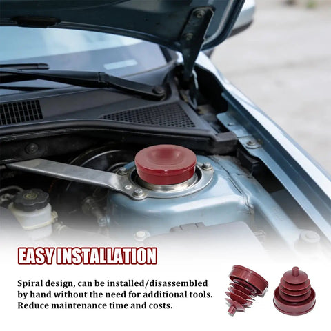 Red heavy duty power steering reservoir cap installed in Honda engine, leak proof design for smooth vehicle operation.