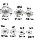 Assorted sizes of thickened steel four claw T nut inserts for wood, M6x20, visible blind prong detail for woodworking.