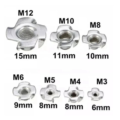 Assorted sizes of thickened steel four claw T nut inserts for wood, M6x20, visible blind prong detail for woodworking.