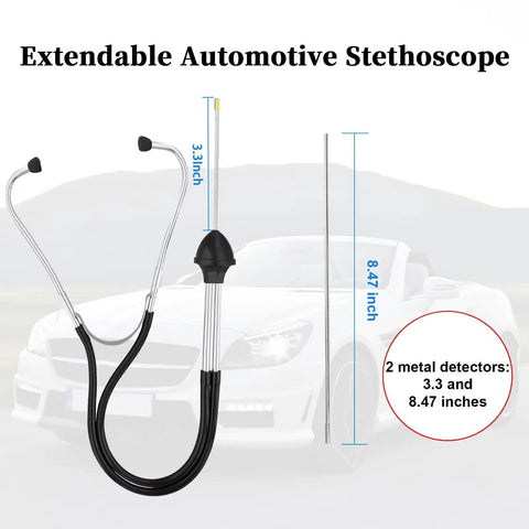 Pro Grade Car Mechanic Stethoscope For Engine Diagnostics shown with size measurements and car background