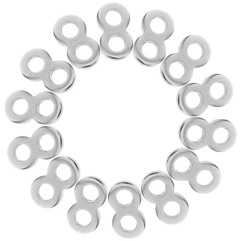 Top Notch Figure Eight Tabletop Connectors 180 Pack Stainless Steel Furniture Assembly Hardware arranged in a circular pattern.