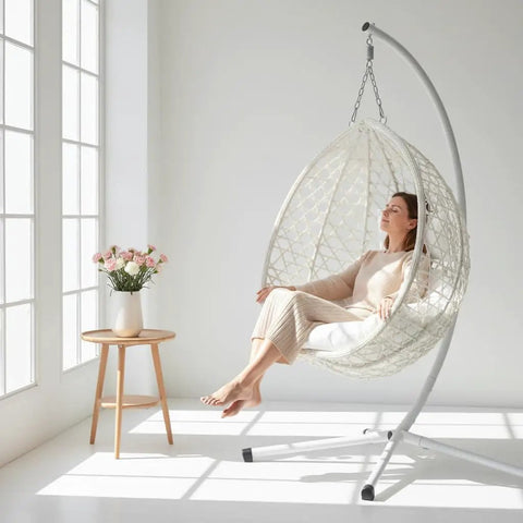 Hanging Egg Chair With Stand For Patio And Balcony, Indoor Outdoor Swing Chair With Comfy Cushioned Seat And Headrest, Weatherproof PE Wicker, Sturdy Steel Frame, 350 Lbs Capacity, White.