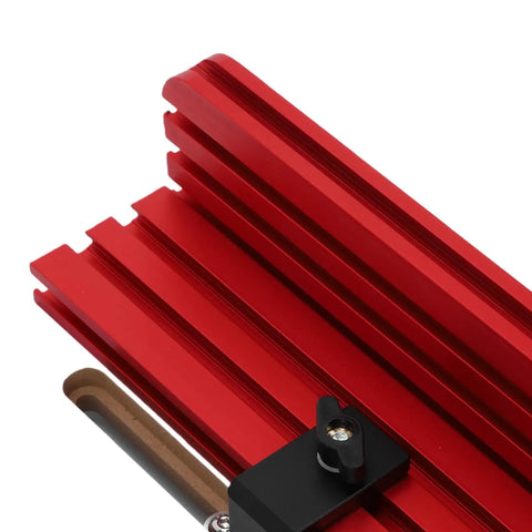 Close-up of red aluminum track for Table Saw Crosscut Sled With Aluminum Track Adjustable Woodworking Jig Router Sled Kit.