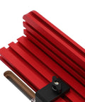 Dead Nuts Accurate Table Saw Crosscut Sled With Adjustable Aluminum Track Fence showing red aluminum track detail for precision cuts.