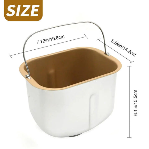 Rectangle Bread Machine Baking Bucket For Two Pound Loaf Dough Dead Simple Twist Lock Design Heavy Duty Kitchen Workhorse with size dimensions.