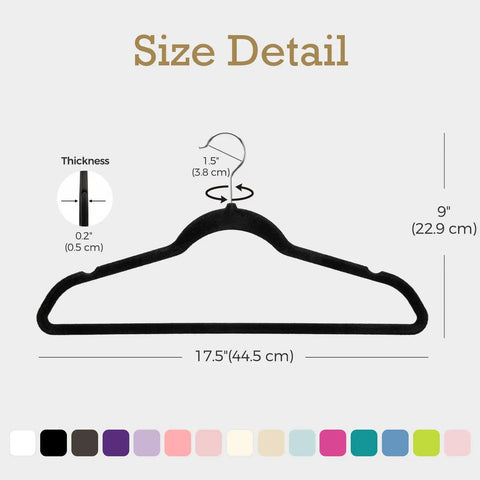 Size detail of Black Velvet Non Slip Hangers 60 Pack Heavy Duty Clothes Hangers With Premium Slim Design, dimensions labeled.