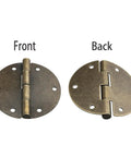 Top Tier Antique Brass Small Hinges For Furniture And DIY Projects Includes Twenty Four Mounting Screws Rust Resistant Vintage Metal Folding Hardware with front and back views.