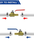 Three Quarter Inch PEX Ball Valve Kit installation with brass full port shut off valves, red and blue handles on PEX tubing.