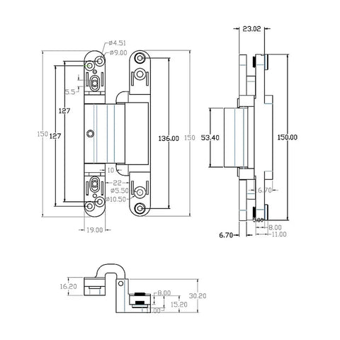 Technical drawing of FX2 60 3D Rebated Concealed Door Hinges Zinc Alloy Hidden Entrance Door Hinges, detailed dimensions shown.