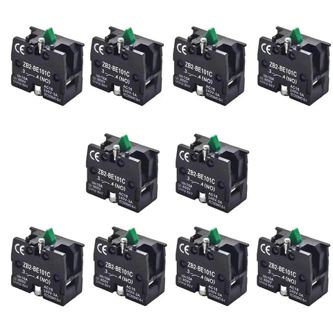 10 Pack Normally Open Contact Block Fits 22 Mm Industrial Push Buttons AC 15 Rated 240 Volt 3 Amp, side view of black auxiliary modules.