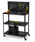 Black Beefy Heavy Duty Fifty Point Four Inch Steel Workbench With pegboard and lockable rolling wheels, tools displayed