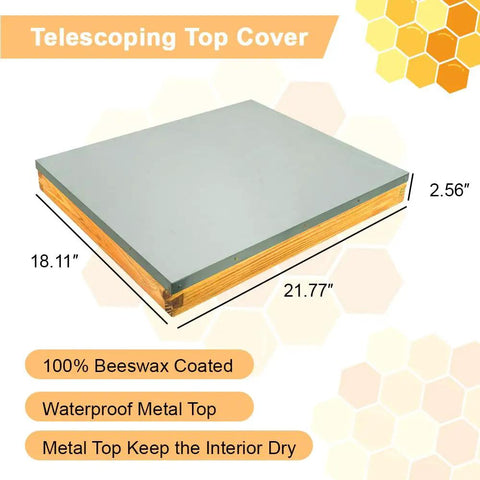 Beekeeping Essentials: 10 Frame Langstroth Beehive Parts Kit With Telescoping Top Cover, shown with measurements and beeswax coating