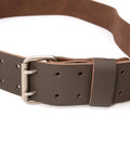Close-up of 2 Inch Wide Full Grain Leather Tool Belt For Pros, 100 Percent Cowhide, with Double Tongue Steel Roller Buckle, Heavy Duty